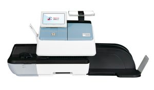 PostBase Vision S5 Semi-Auto postage meter with blue cover